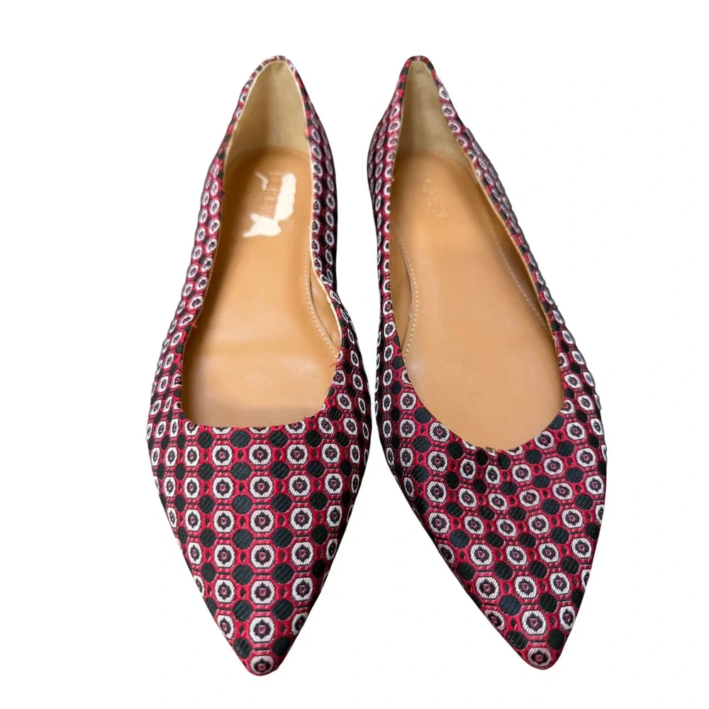 J.Crew Womens Pointed Toe Flats Red Black Geometric Jacquard Size 8.5